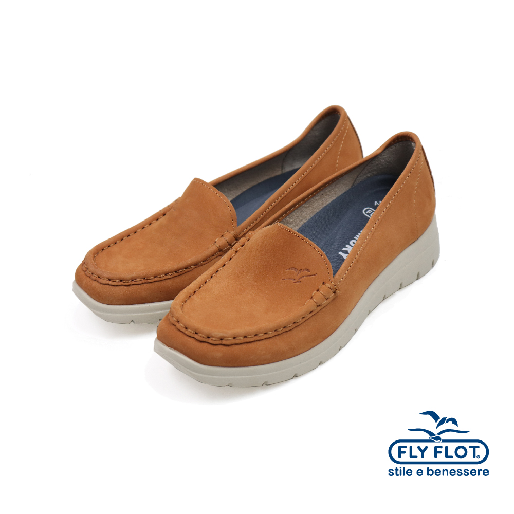 【FLYFLOT】義大利原廠麂皮素面軟墊懶人休閒鞋 土黃色(27J36-TAN)