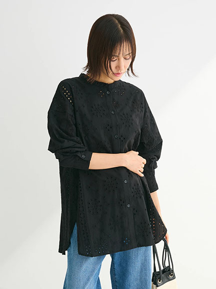 精緻蕾絲刺繡立領側開衩長版襯衫(6P43L0G0330) - Green Parks