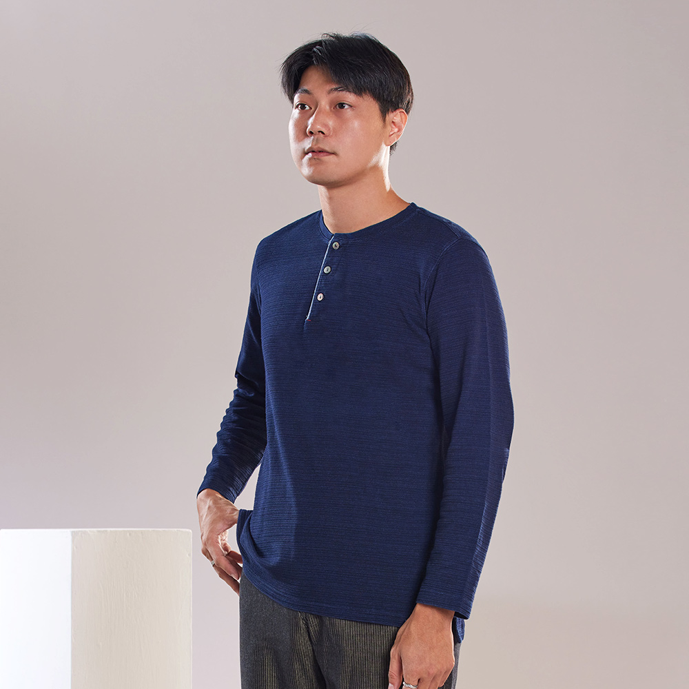 INDIGO半開襟圓領男長袖上衣