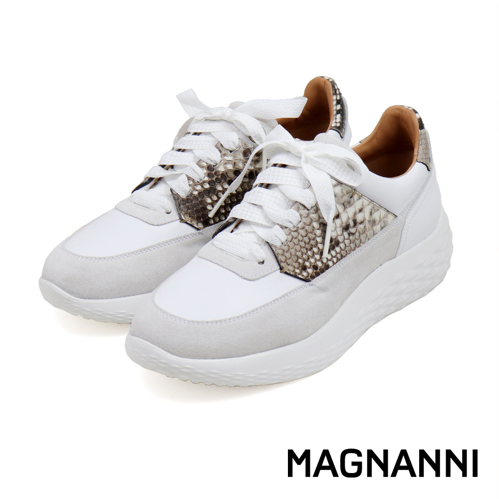 【MAGNANNI】西班牙厚底軟墊蛇紋綁帶休閒鞋 白色(24259-WH)