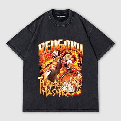 煉獄杏寿郎 Rengoku 組圖 鬼滅之刃 做舊水洗純棉落肩短T 男女短T 獨家自訂款_0