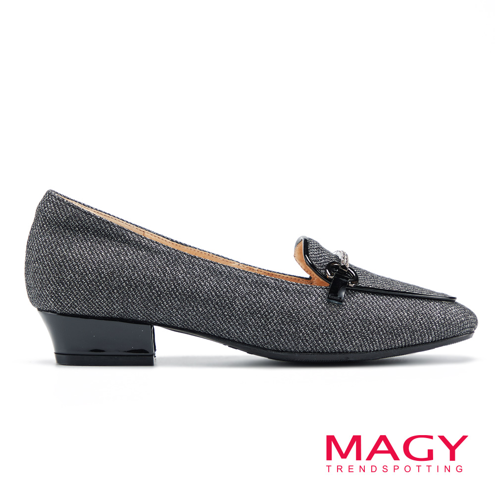 MAGY 馬銜釦布面拼接牛皮樂福低跟鞋 灰色 #14778