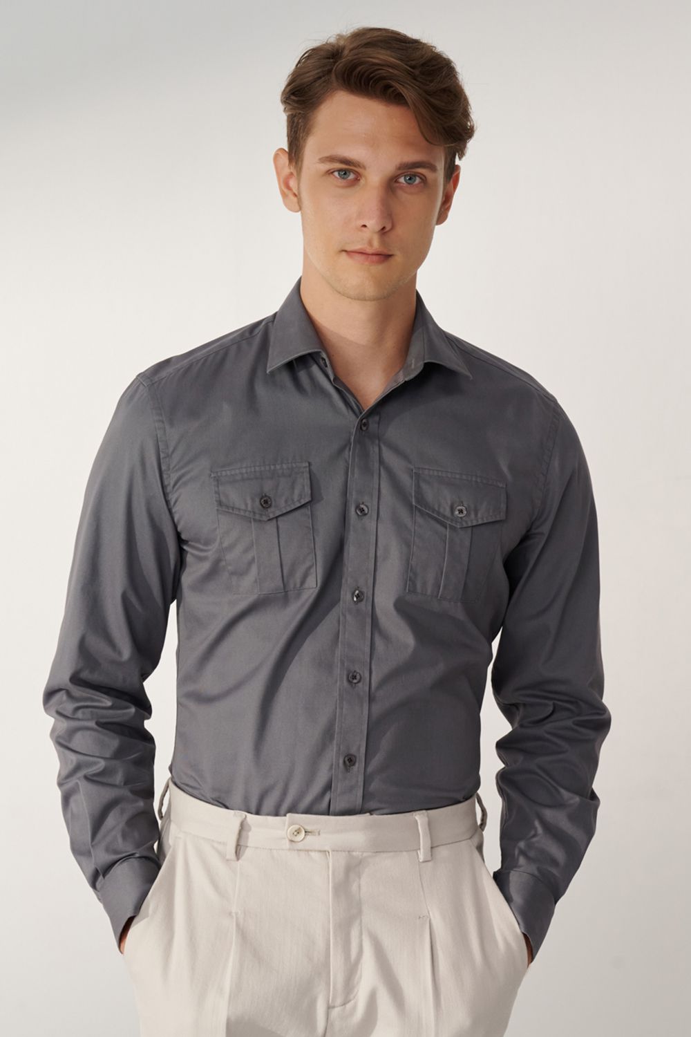 SST&C Gray Double Pocket Standard Fit Shirt | 00062408002_0