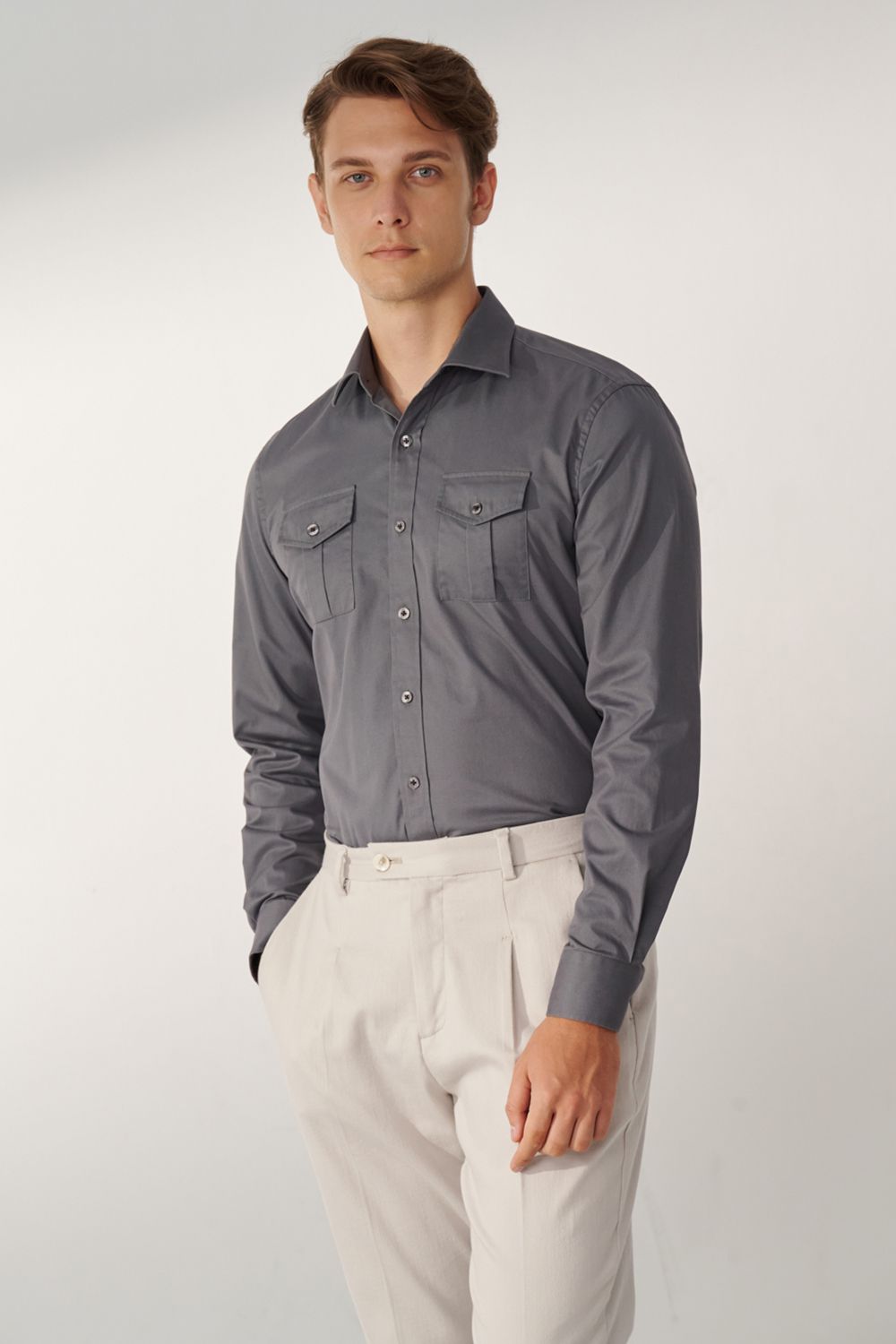 SST&C Gray Double Pocket Standard Fit Shirt | 00062408002_1