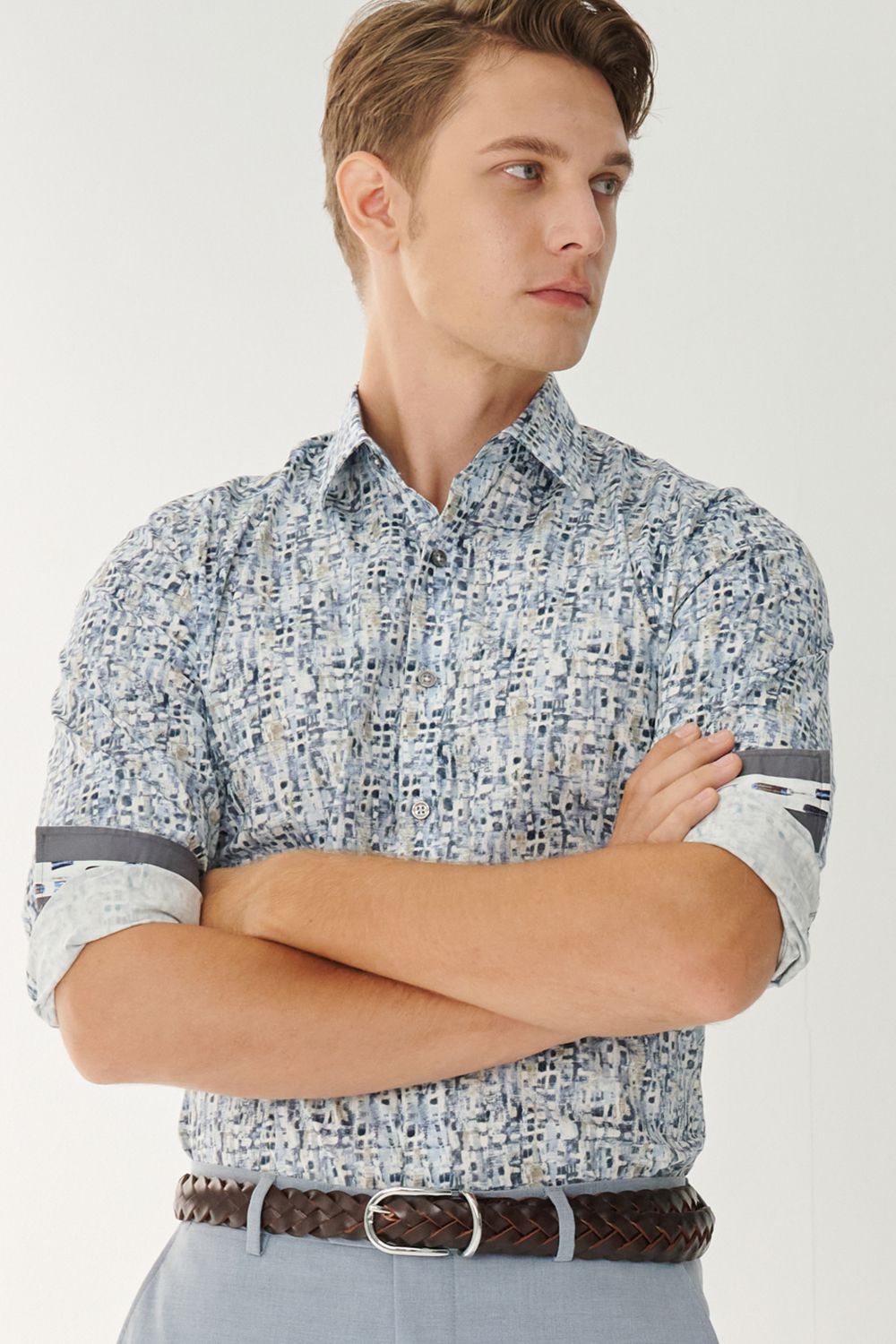 SST&C Blue Printed Standard Fit Shirt | 00062408004_1