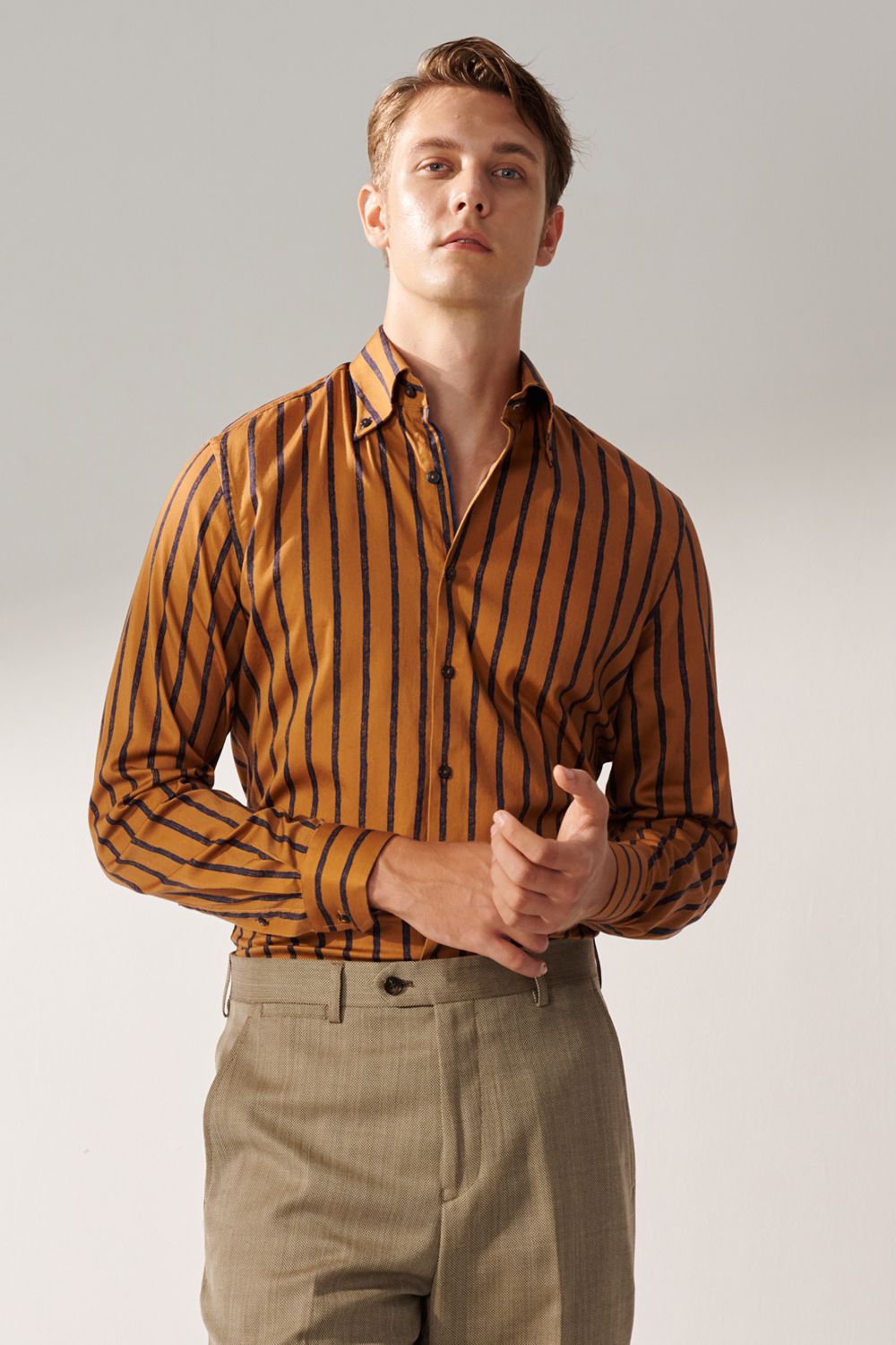 SST&C Brown Base Navy Striped Pattern Standard Shirt | 00062408007_0