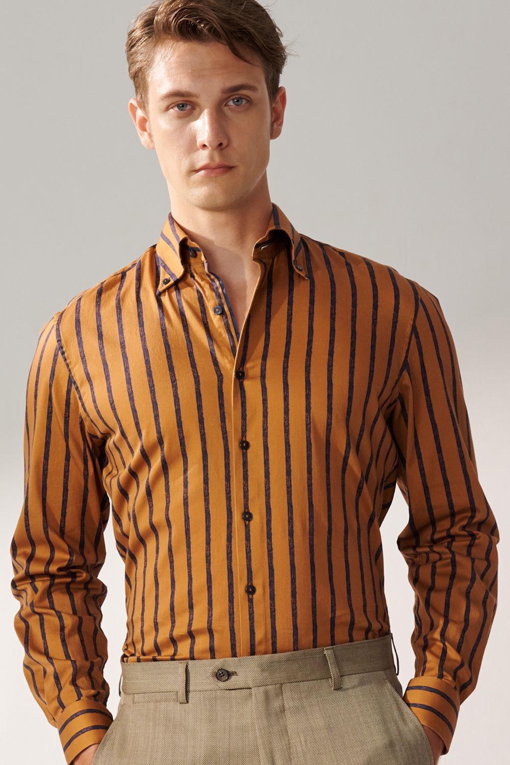 SST&C Brown Base Navy Striped Pattern Standard Shirt | 00062408007_1