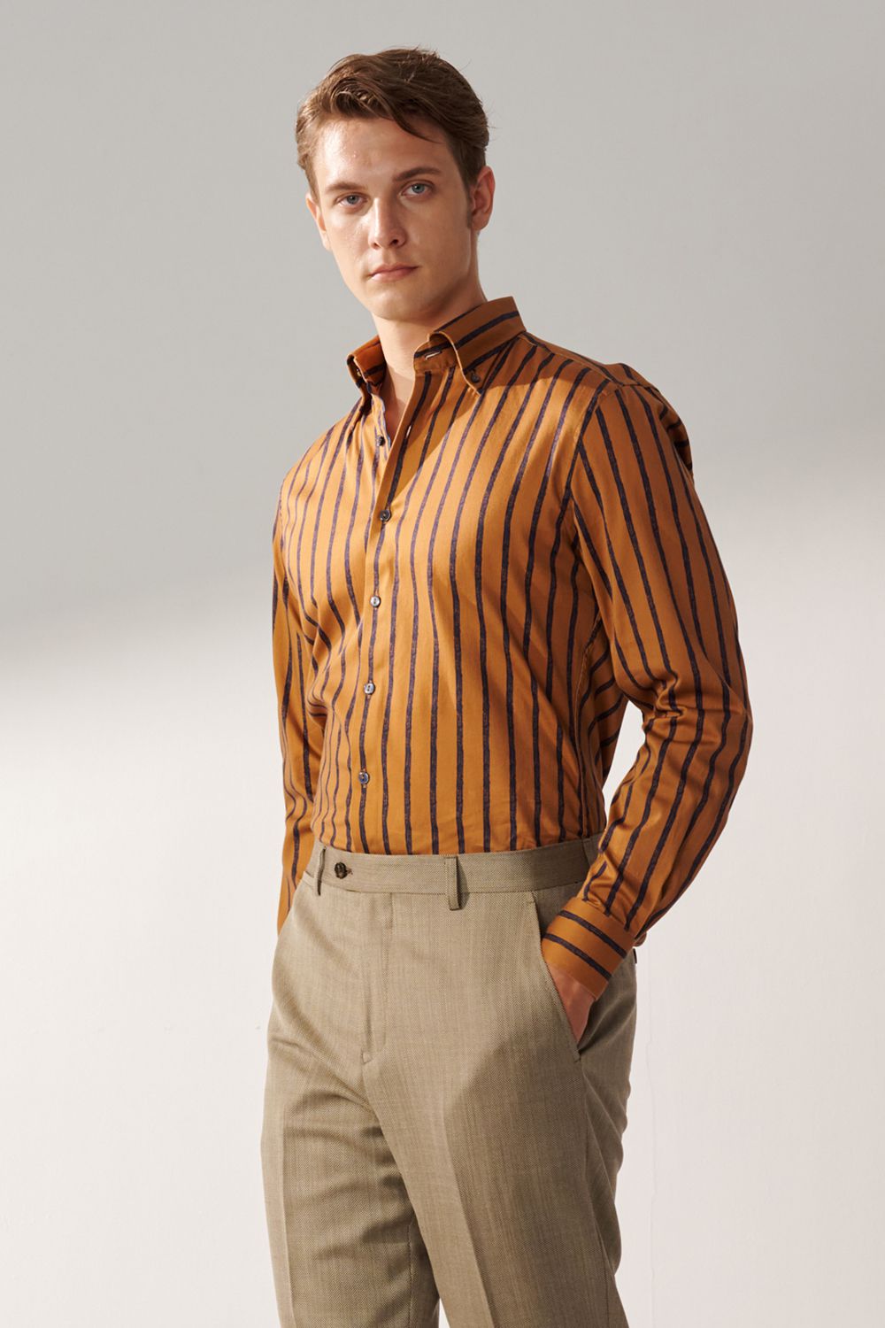 SST&C Brown Base Navy Striped Pattern Standard Shirt | 00062408007_2