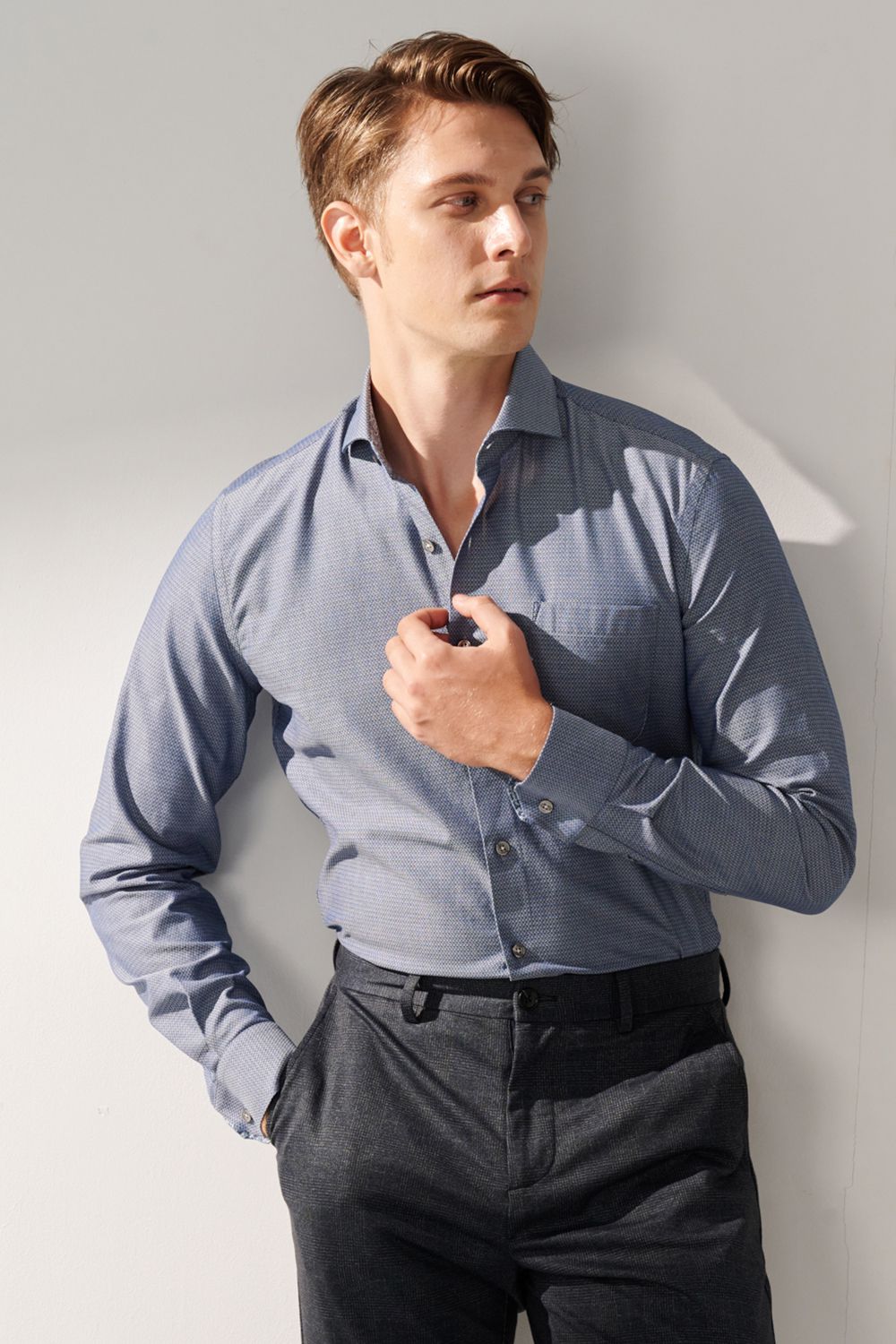 SST&C Dark Blue Textured Slim Fit Shirt | 00062408013_0