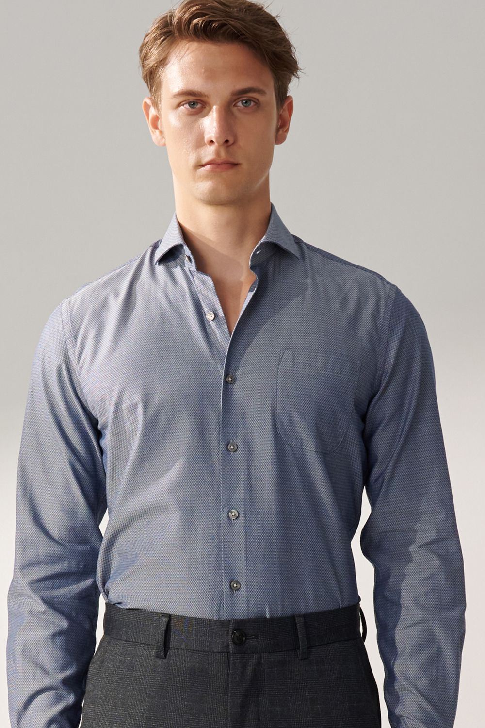 SST&C Dark Blue Textured Slim Fit Shirt | 00062408013_1