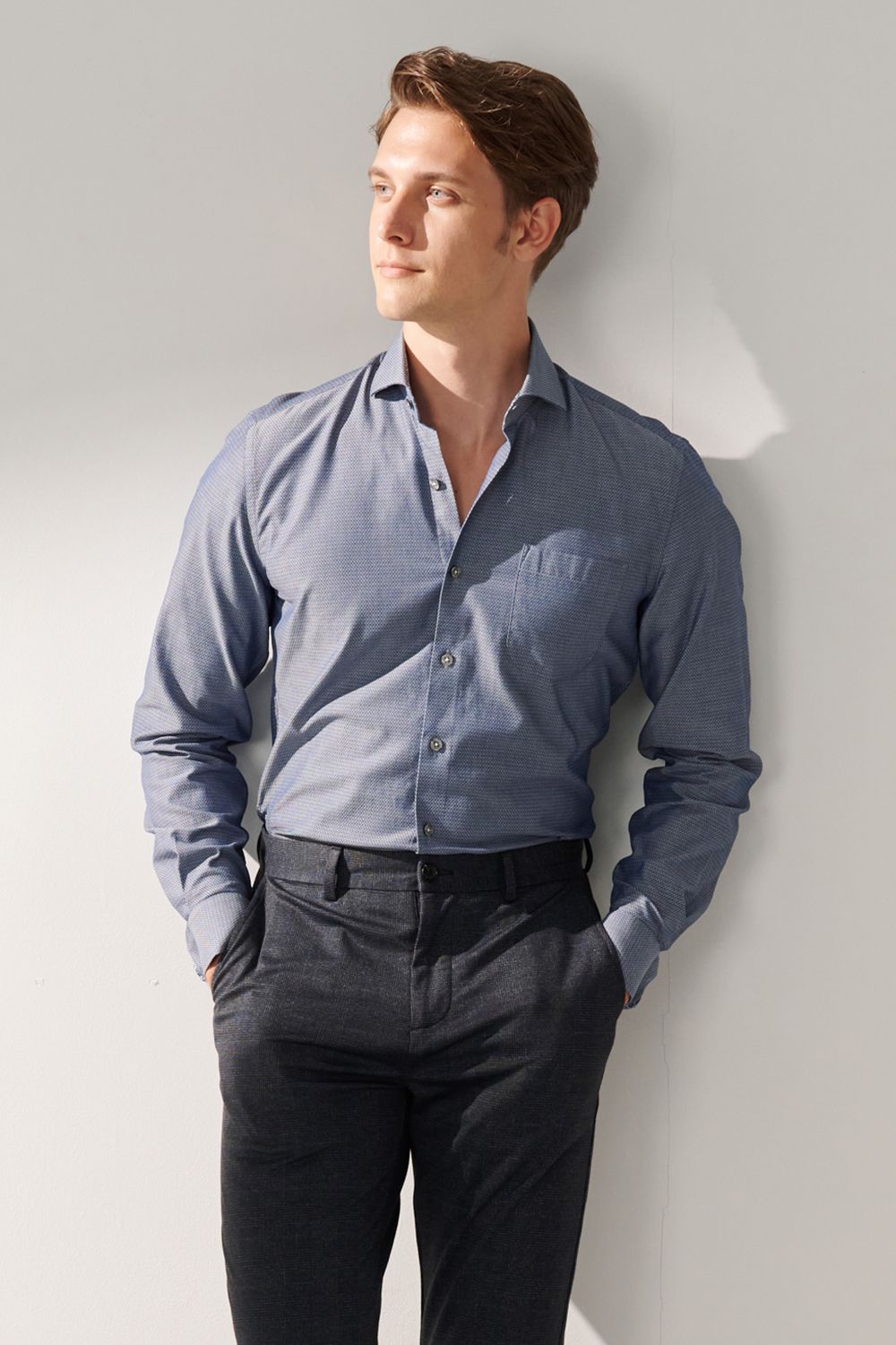 SST&C Dark Blue Textured Slim Fit Shirt | 00062408013_2