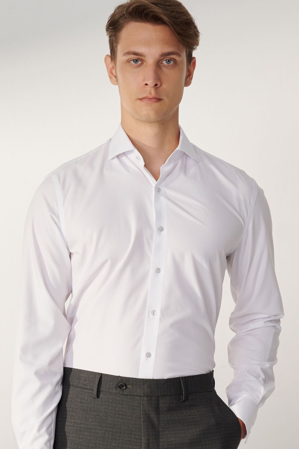 SST&C White Plain Slim Fit Shirt | 00062408017_0