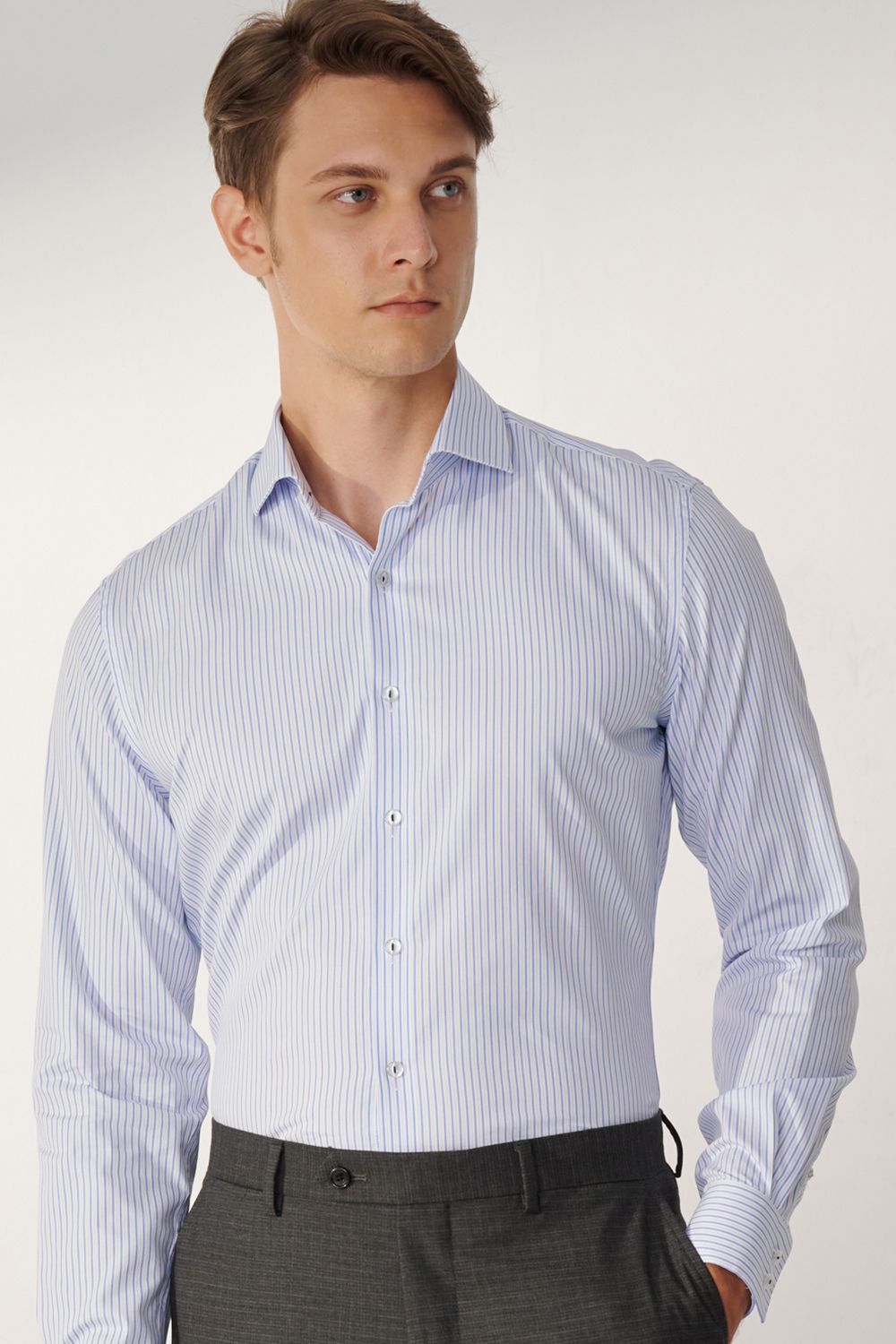 SST&C Blue Striped Pattern Slim Fit Shirt | 00062408019_1