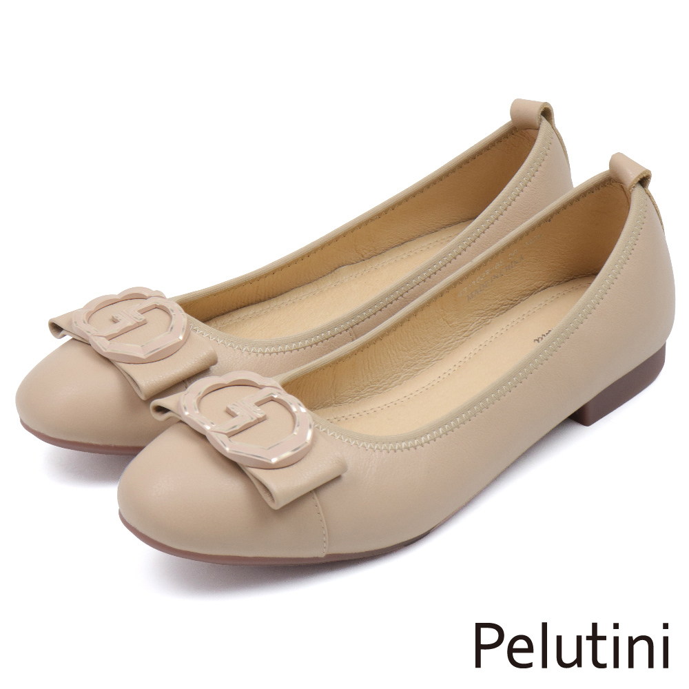 【Pelutini】氣質雙G造型金屬釦飾平底淑女鞋 米色(431102W-BE)