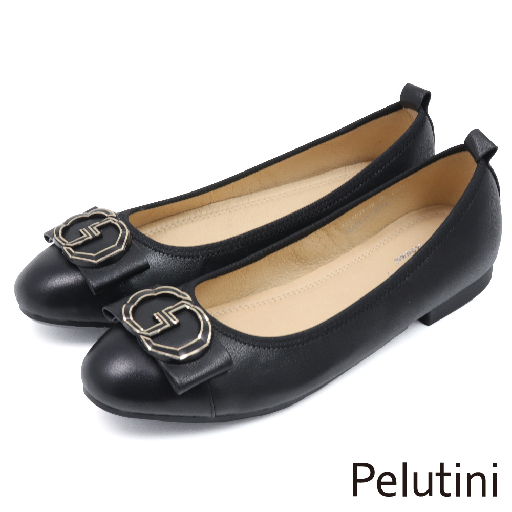 【Pelutini】氣質雙G造型金屬釦飾平底淑女鞋 黑色(431102W-BL)