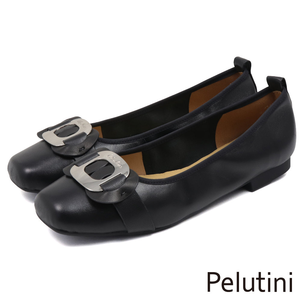 【Pelutini】經典雙圈金屬造型釦飾方頭淑女鞋 黑色(431103W-BL)