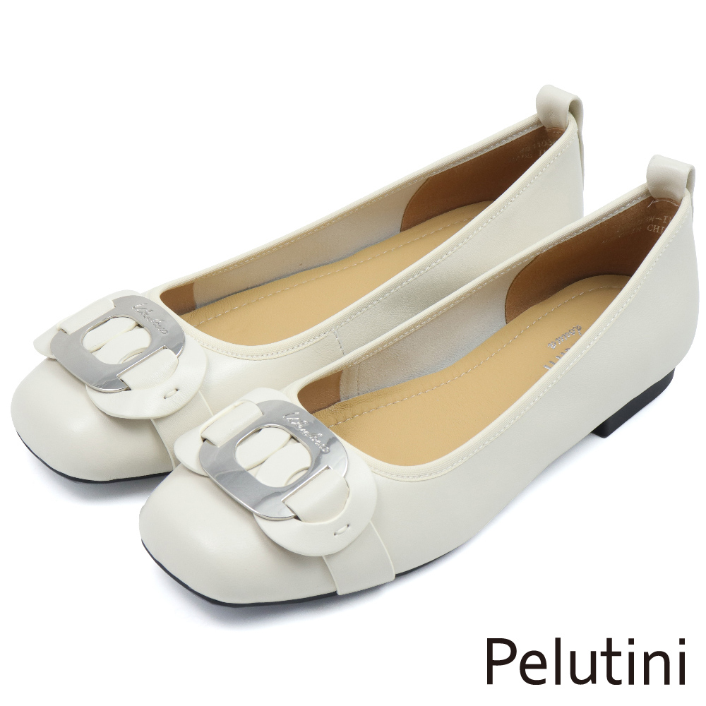 【Pelutini】經典雙圈金屬造型釦飾方頭淑女鞋 白色(431103W-IV)