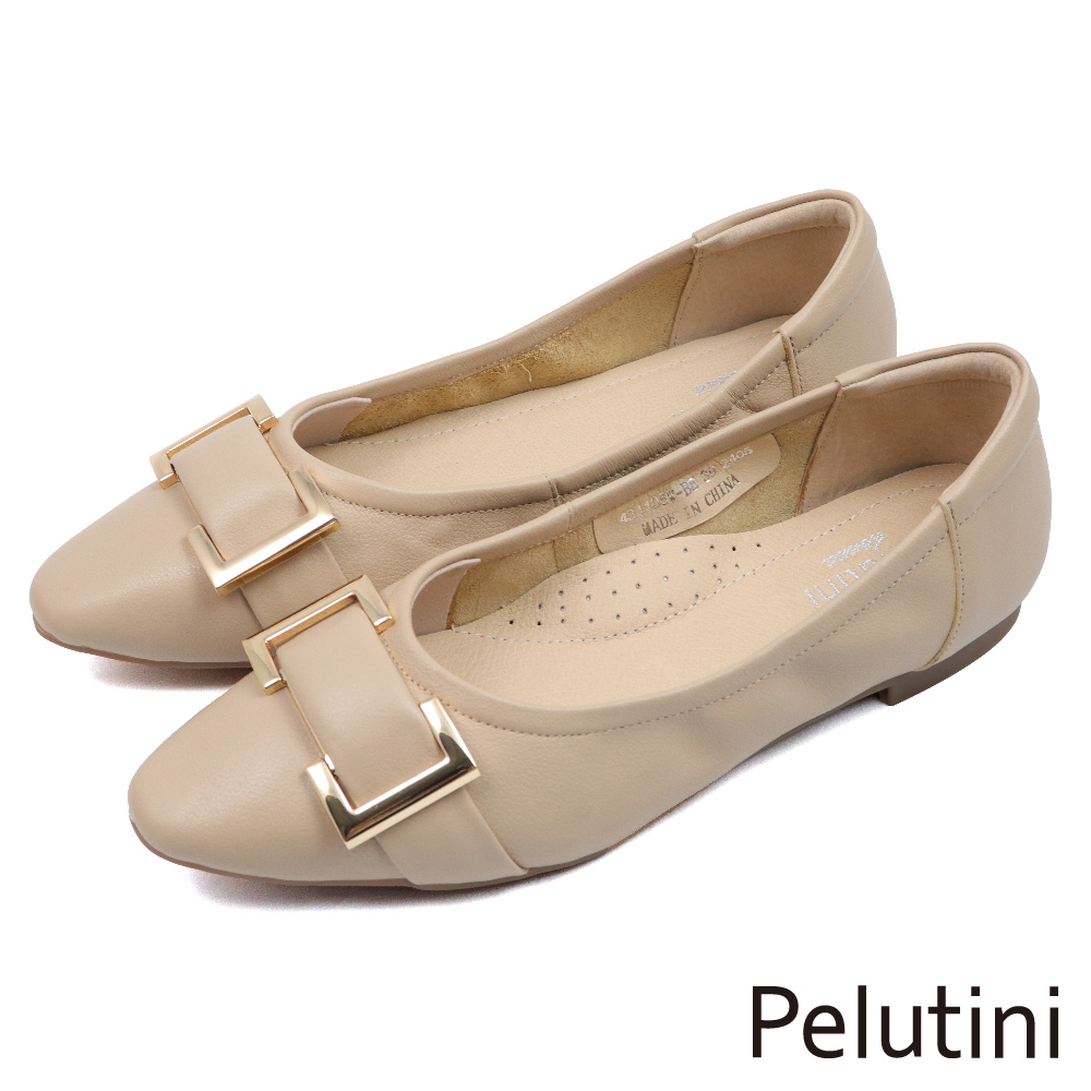 【Pelutini】尖頭金屬簡約釦飾平底淑女包鞋 杏色(431105W-BE)