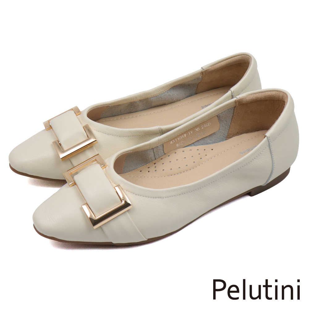 【Pelutini】尖頭金屬簡約釦飾平底淑女包鞋 白色(431105W-IV)