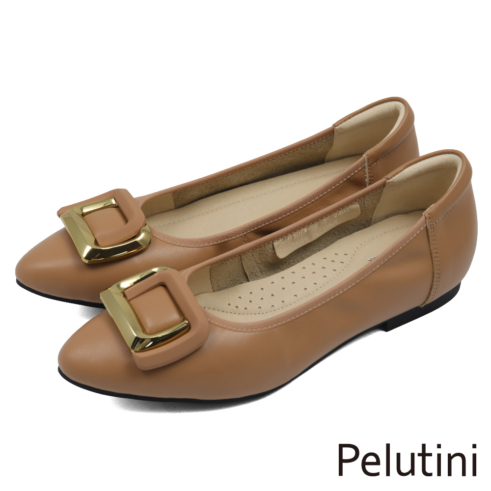 【Pelutini】尖頭金屬方形釦飾平底淑女包鞋 棕色(431107W-BR)