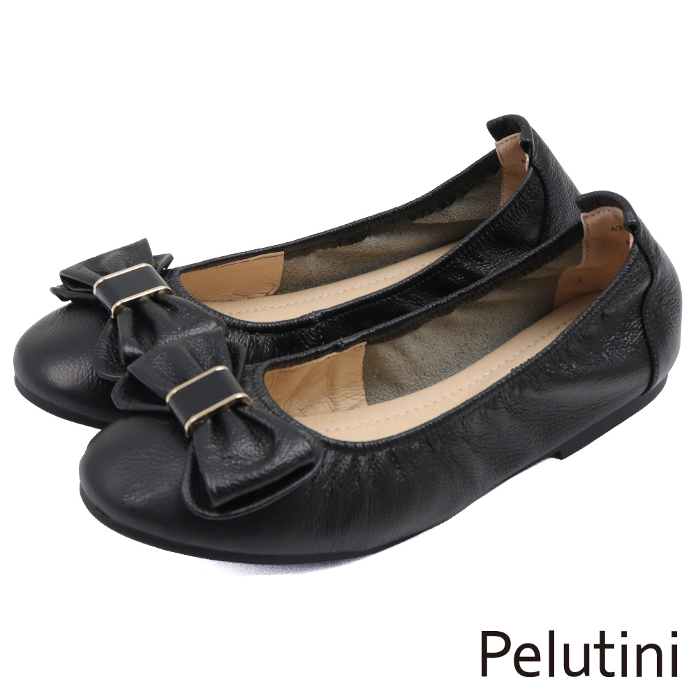 【Pelutini】典雅金屬蝴蝶結釦飾平底淑女包鞋 黑色(431115W-BL)