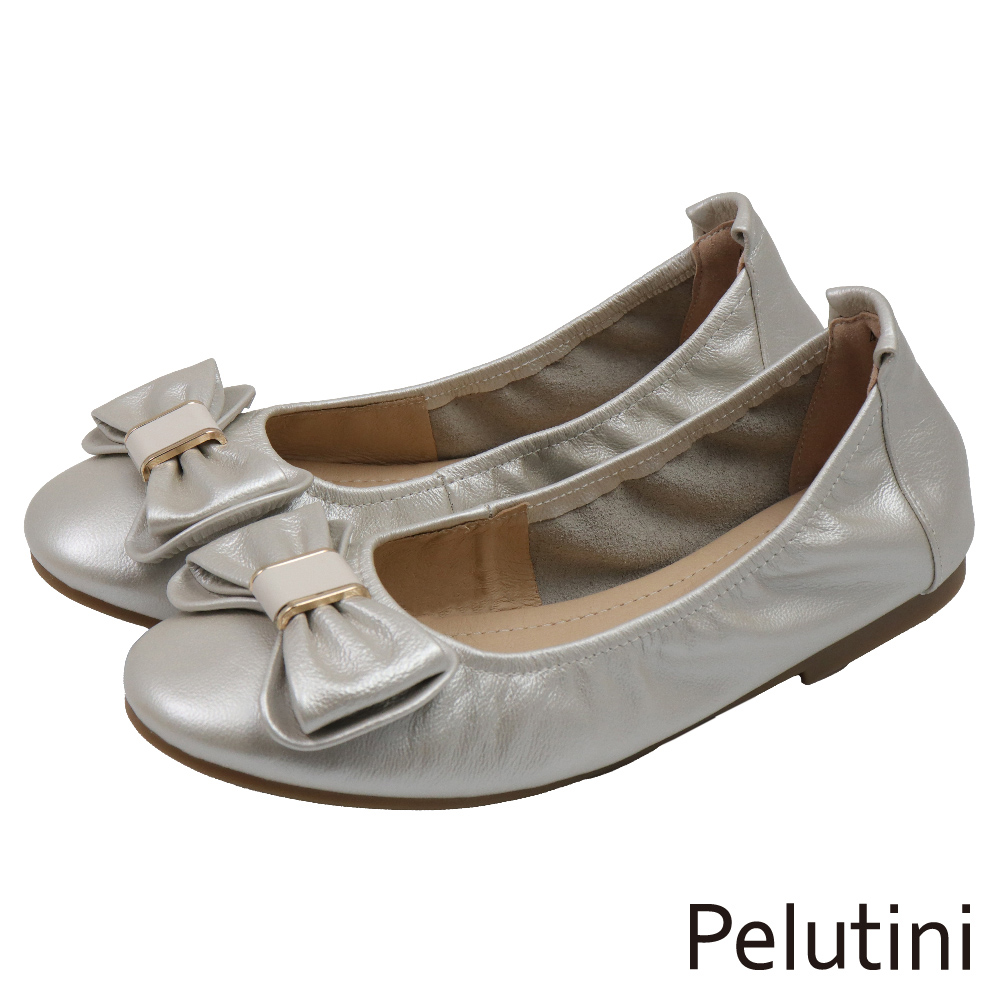 【Pelutini】典雅金屬蝴蝶結釦飾平底淑女包鞋 銀白(431115W-IV)