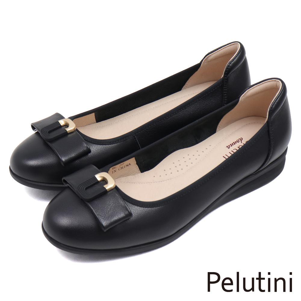 【Pelutini】舒適軟墊寬帶蝴蝶結釦飾休閒淑女鞋 黑色(431119W-BL)