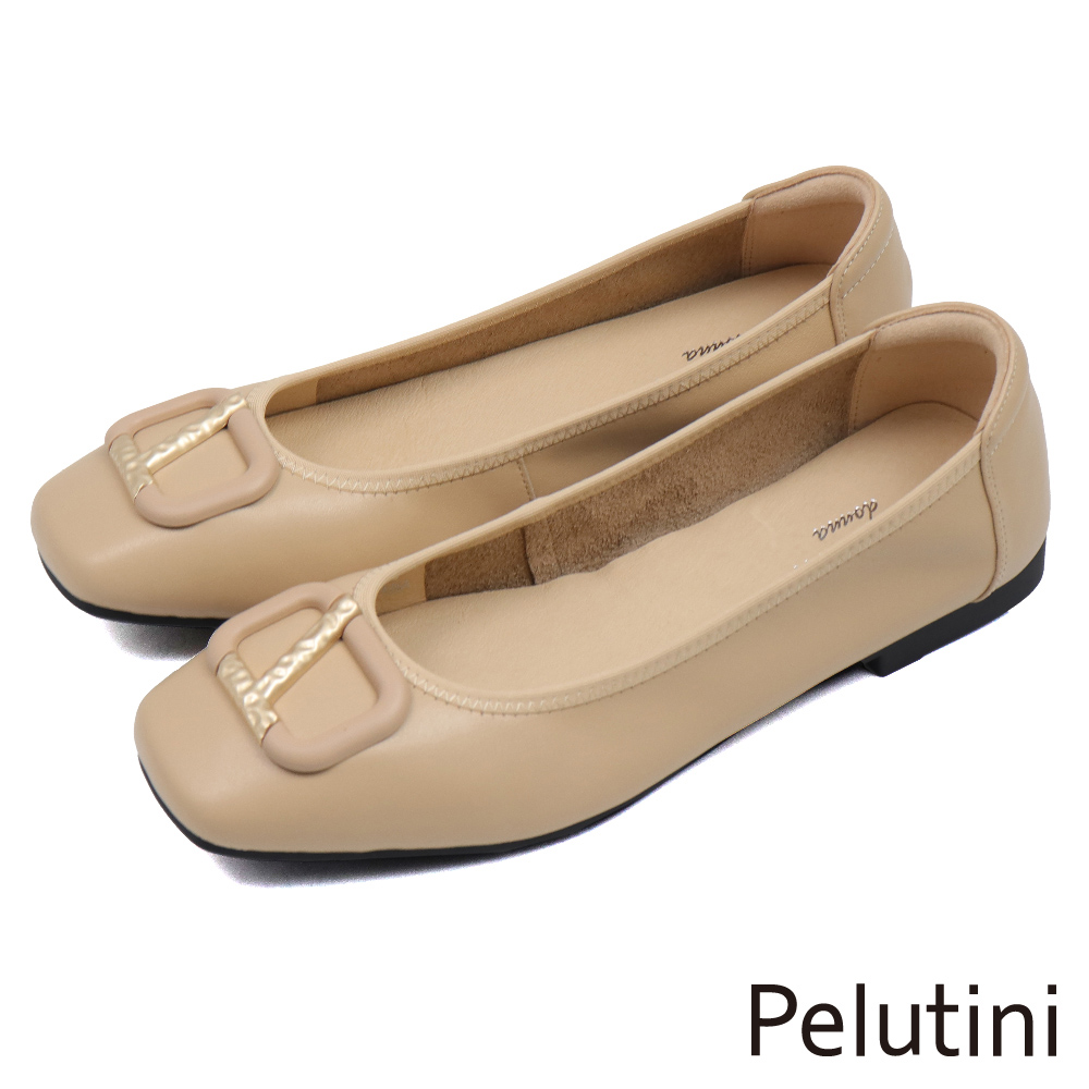 【Pelutini】經典優雅金屬釦飾淑女包鞋 杏色(431120W-BE)
