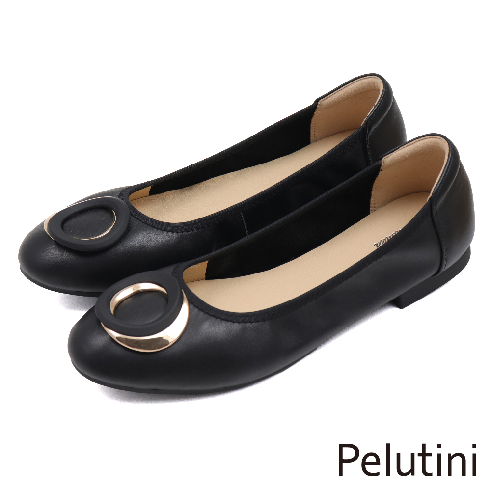 【Pelutini】優雅雙圈金屬釦飾淑女包鞋 黑色(431121W-BL)