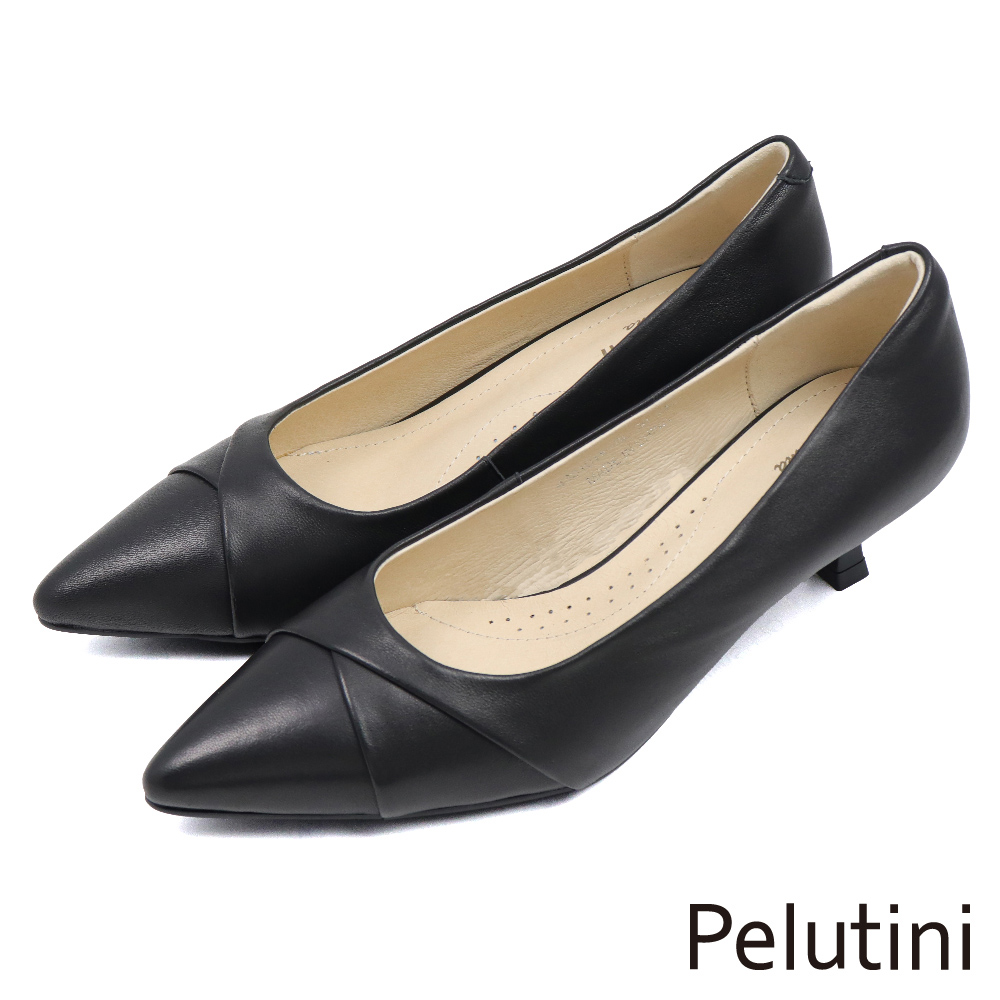 【Pelutini】氣質典雅壓摺尖頭小羊皮細跟鞋 黑色(433101W-BL)