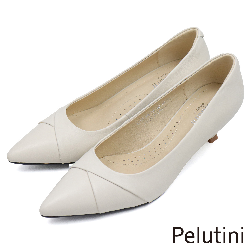 【Pelutini】氣質典雅壓摺尖頭小羊皮細跟鞋 白色(433101W-IV)