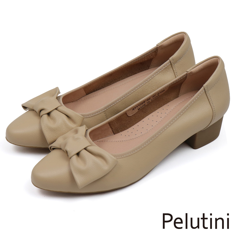 【Pelutini】經典優雅氣質蝴蝶結造型粗跟鞋 杏色(433102W-BE)