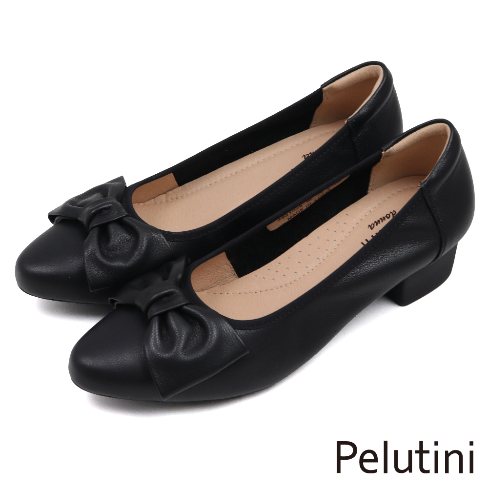 【Pelutini】經典優雅氣質蝴蝶結造型粗跟鞋 黑色(433102W-BL)