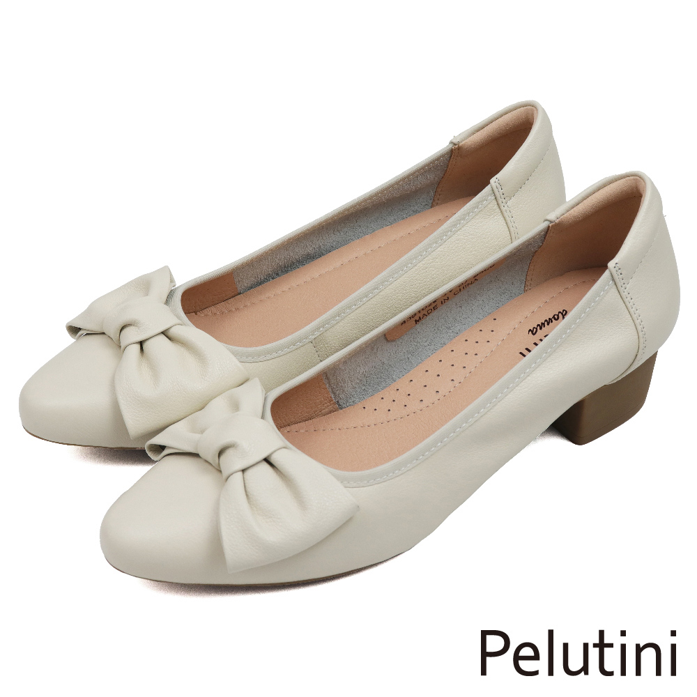 【Pelutini】經典優雅氣質蝴蝶結造型粗跟鞋 白色(433102W-IV)