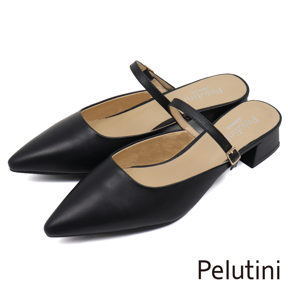 【Pelutini】經典法式優雅繫帶低跟尖頭穆勒鞋 黑色(433109W-BL)