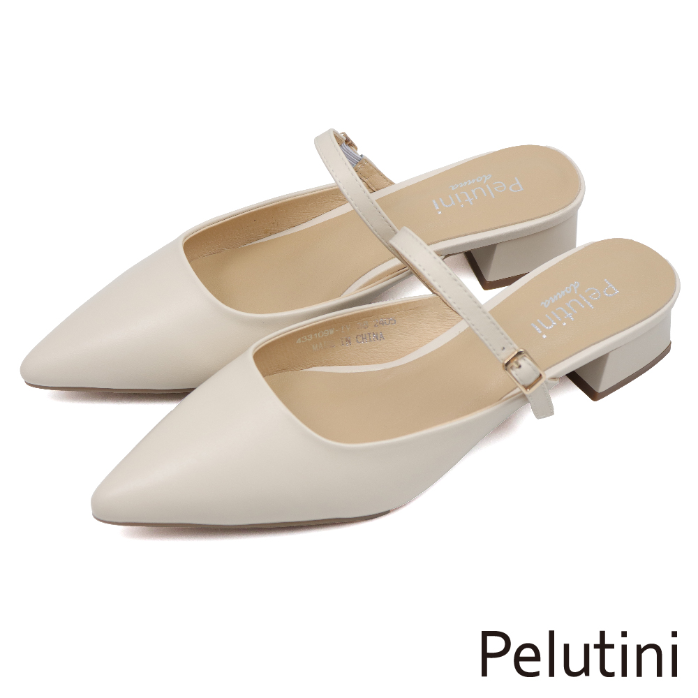 【Pelutini】經典法式優雅繫帶低跟尖頭穆勒鞋 白色(433109W-IV)