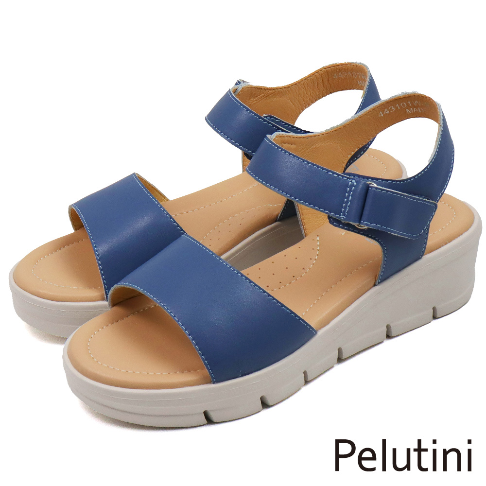 【Pelutini】厚底一字寬帶軟墊增高楔型涼鞋 藍色(443101W-BLU)