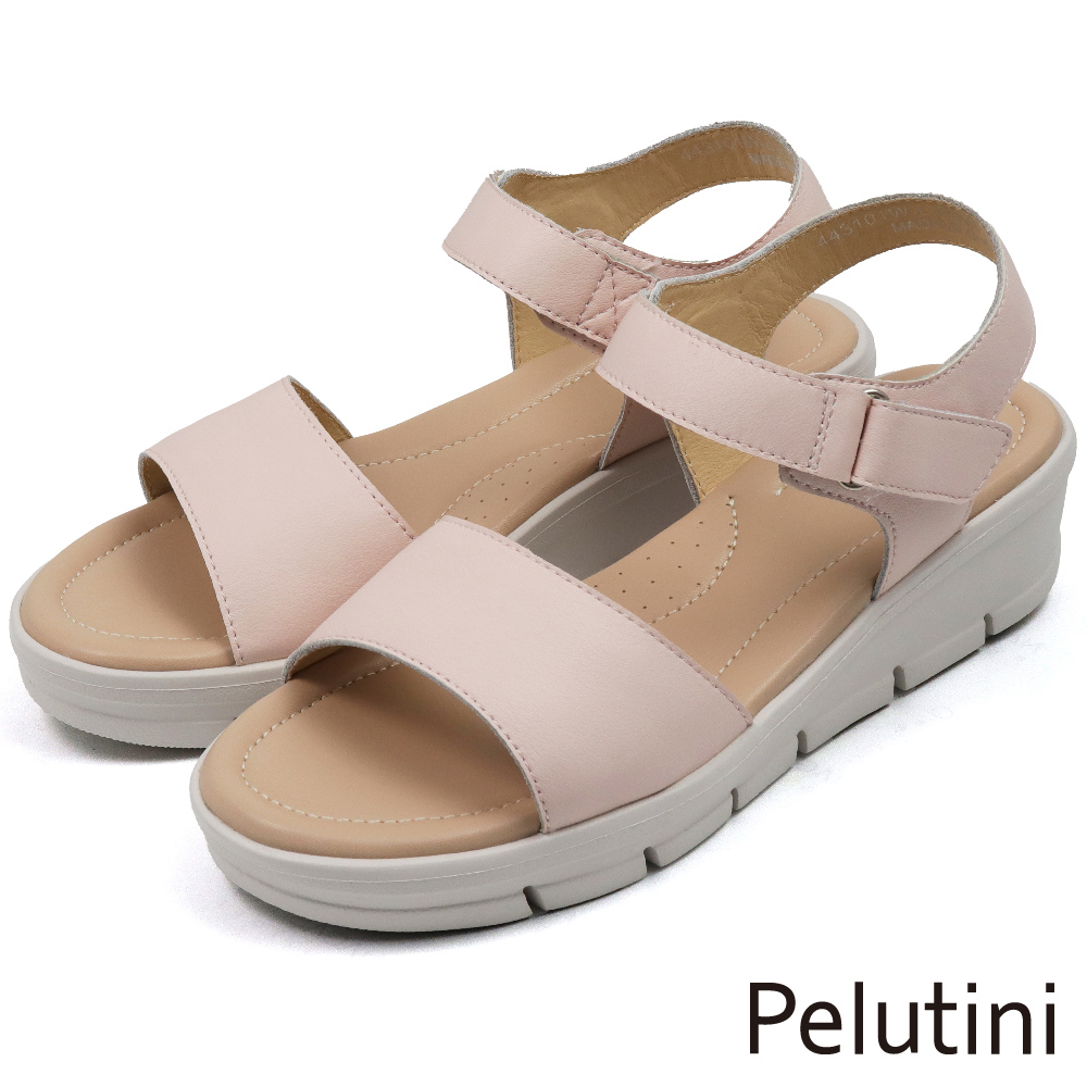 【Pelutini】厚底一字寬帶軟墊增高楔型涼鞋 粉色(443101W-LPIN)