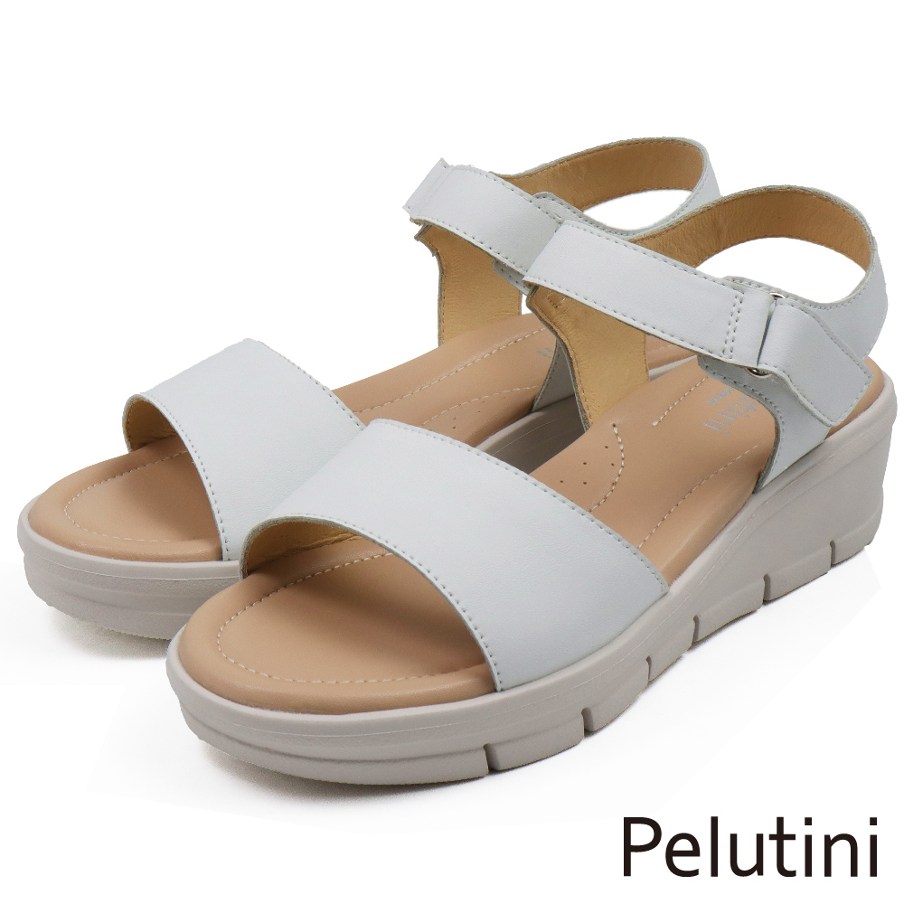 【Pelutini】厚底一字寬帶軟墊增高楔型涼鞋 白色(443101W-WH)
