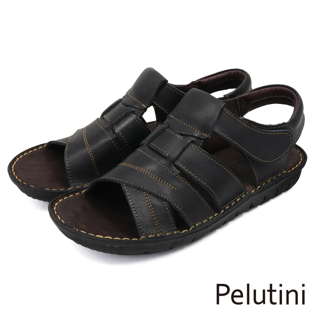 【Pelutini】輕量止滑壓線羅馬造型休閒涼鞋 黑色(408101-BL)