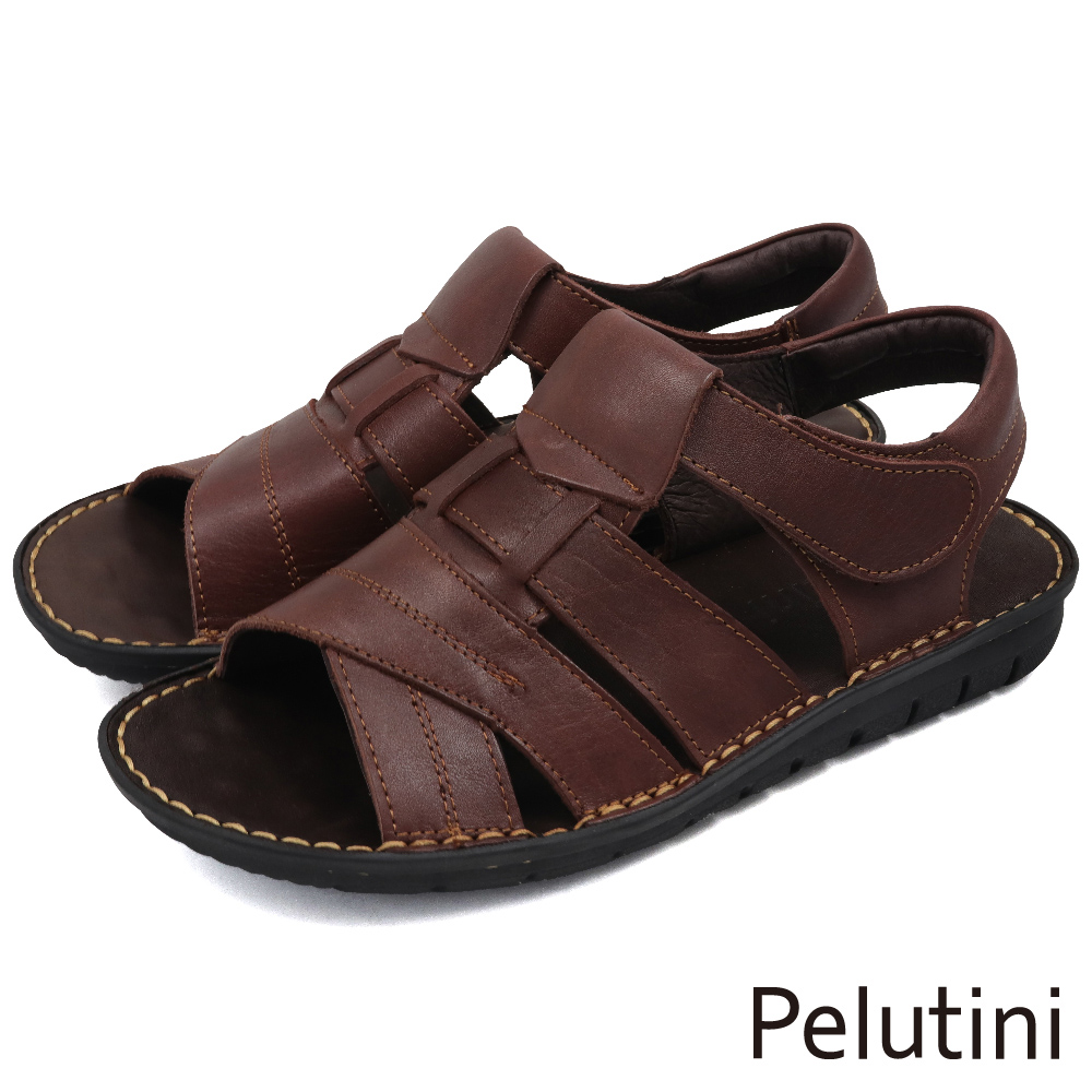 【Pelutini】輕量止滑壓線羅馬造型休閒涼鞋 深棕色(408101-DBR)