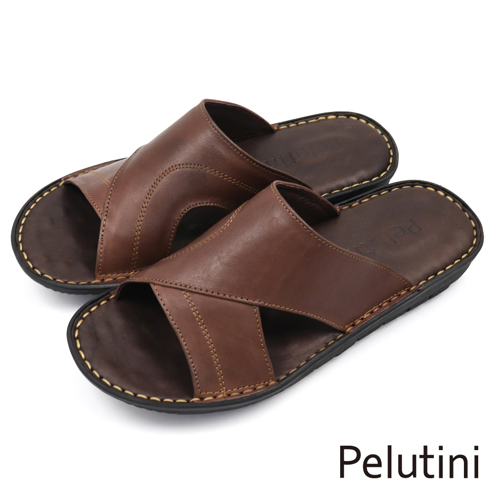【Pelutini】壓線寬帶交叉造型涼拖鞋 棕色(409105-BR)