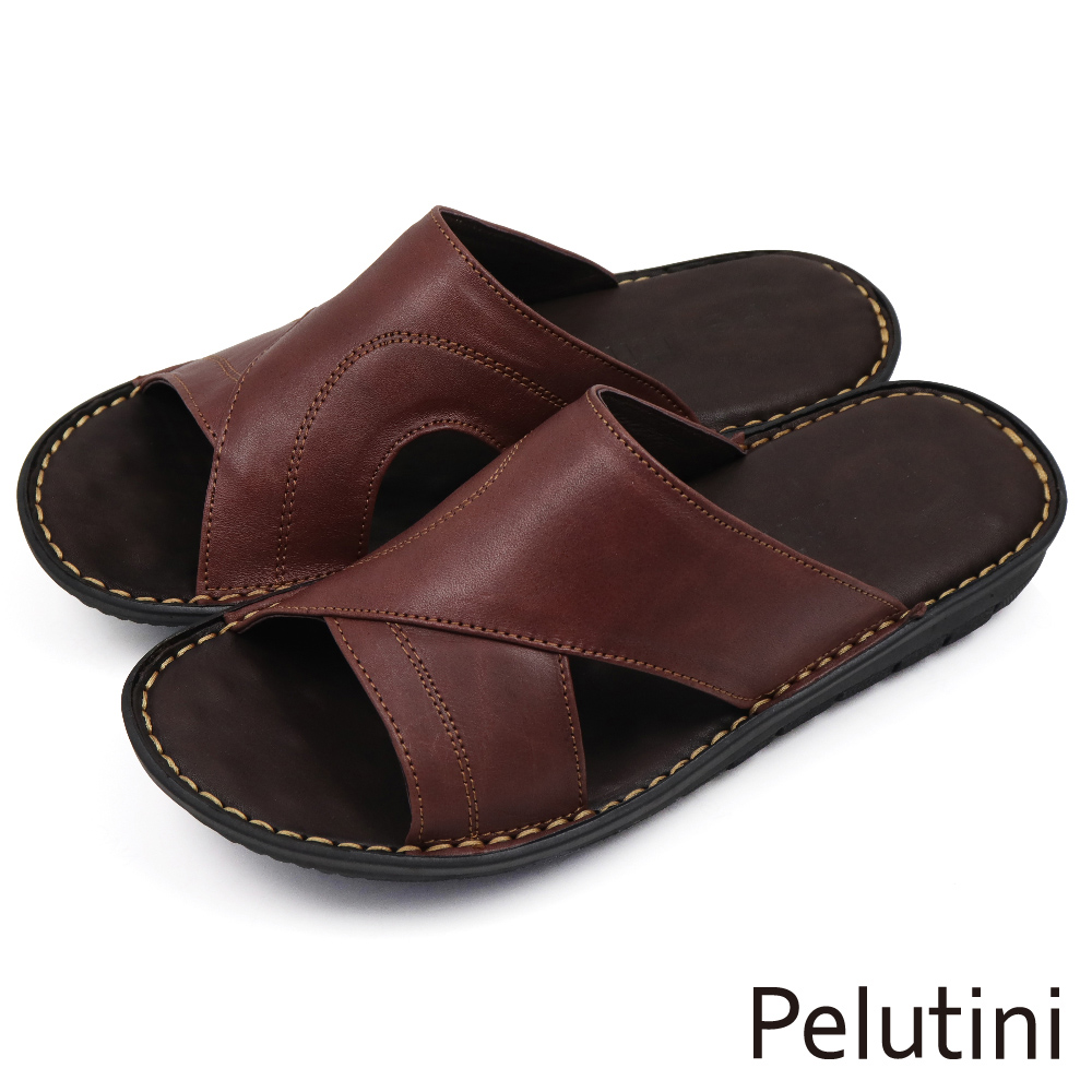 【Pelutini】壓線寬帶交叉造型涼拖鞋 深棕色(409105-DBR)