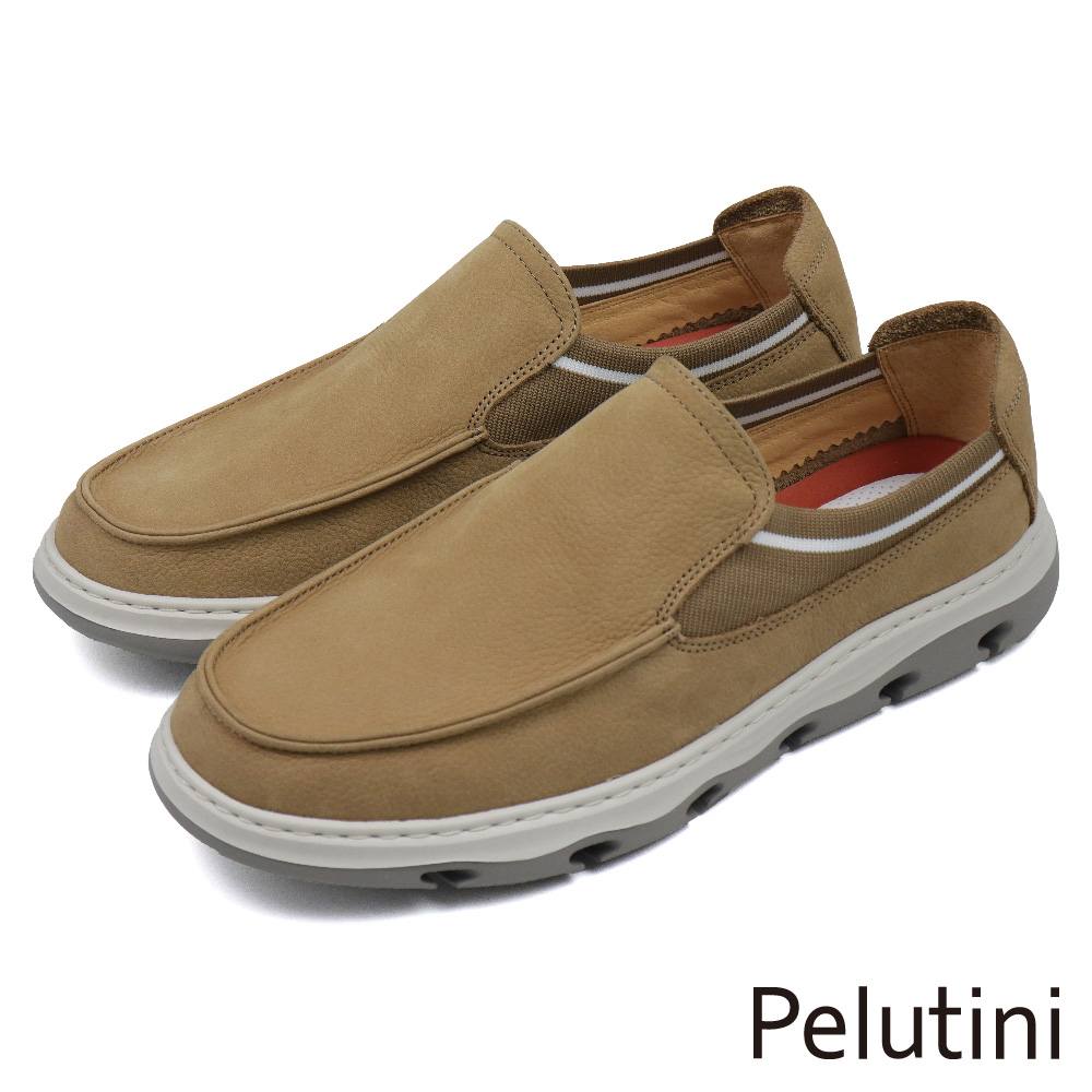 【Pelutini】輕量止滑素面皮質拼接伸縮懶人休閒鞋 棕色(420106-BR)