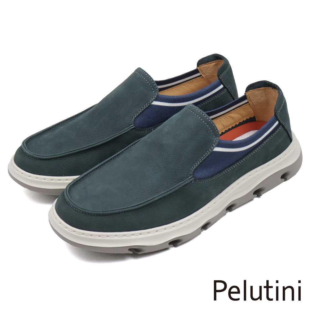 【Pelutini】輕量止滑素面皮質拼接伸縮懶人休閒鞋 湖水綠(420106-DGR)