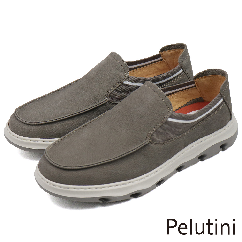 【Pelutini】輕量止滑素面皮質拼接伸縮懶人休閒鞋 灰色(420106-GRY)