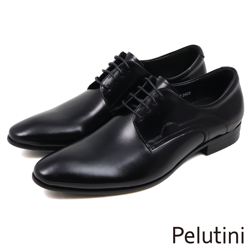 【Pelutini】素面壓線商務綁帶德比鞋 黑色(412108-BL)