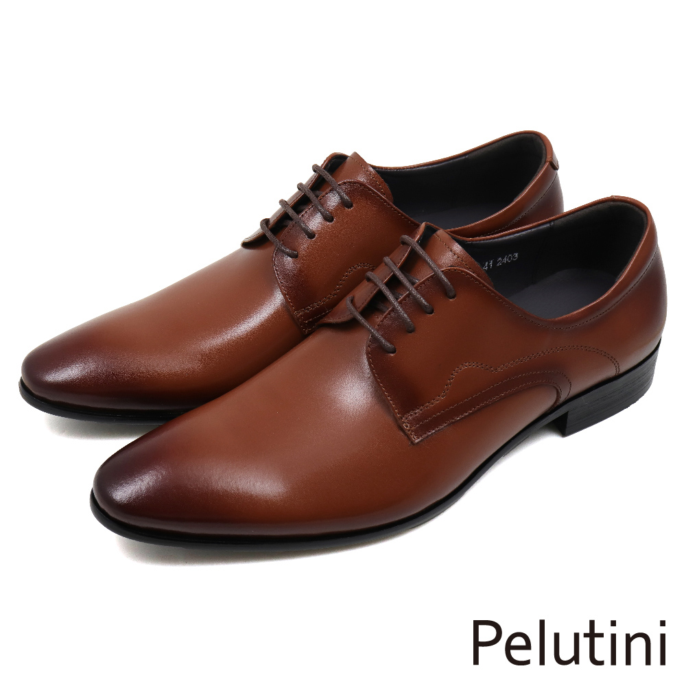 【Pelutini】素面壓線商務綁帶德比鞋 棕色(412108-BR)