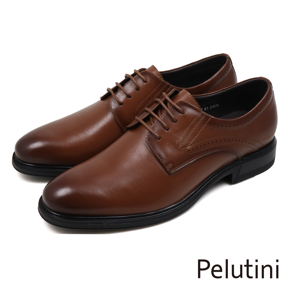 【Pelutini】素面壓線孔洞商務綁帶德比鞋 棕色(412111-BR)