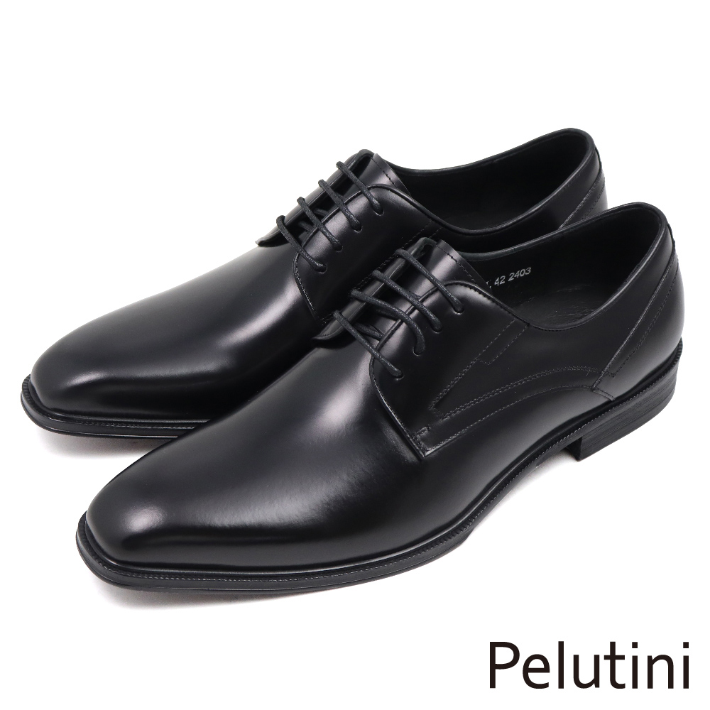 【Pelutini】經典素面壓邊商務綁帶德比鞋 黑色(412113-BL)